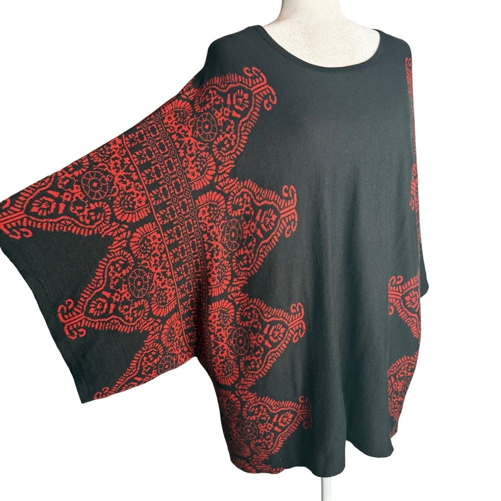 John Mark Tunic Sweater L/XL Floral Oversized Kimono Sleeve Red Black‎